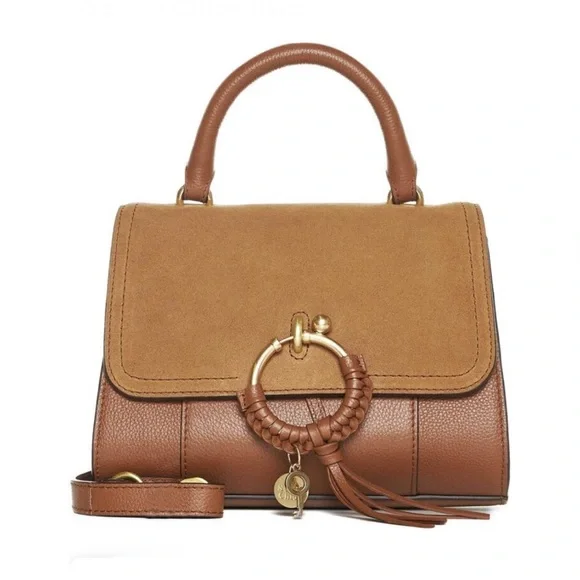 SEE BY CHLOE Joan Ladylike Bag Leather Suede Top Handle With Strap Tote Caramel